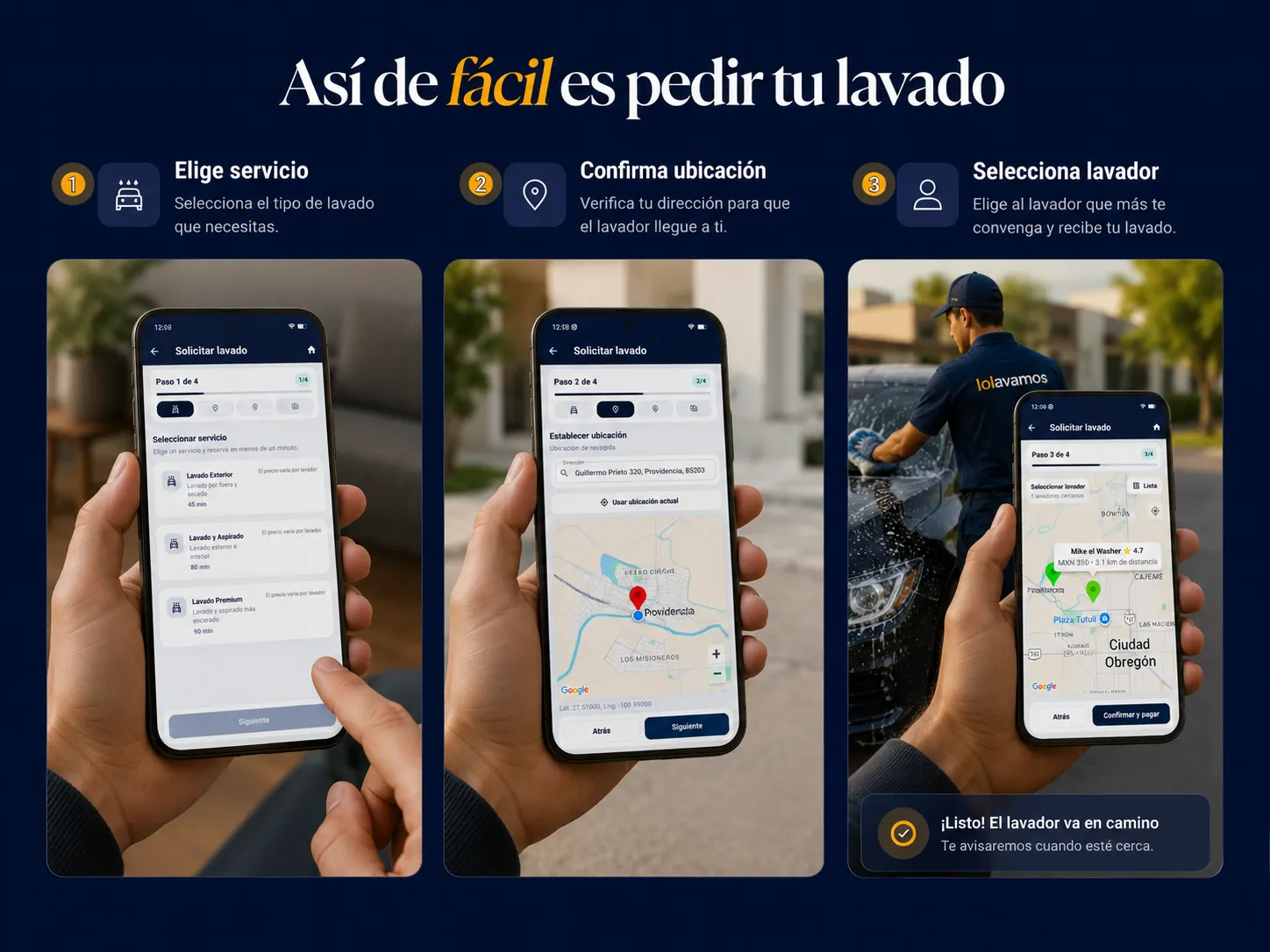 Pantallas de la app lolavamos mostrando el flujo de pedido de un lavado