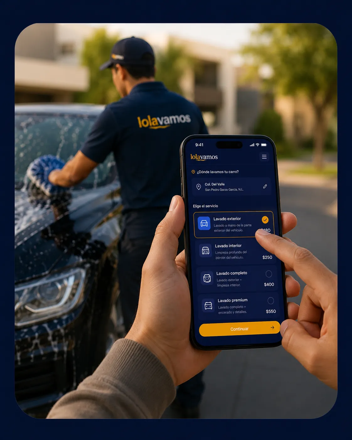 Cliente pidiendo un lavado de auto desde la app lolavamos en Monterrey